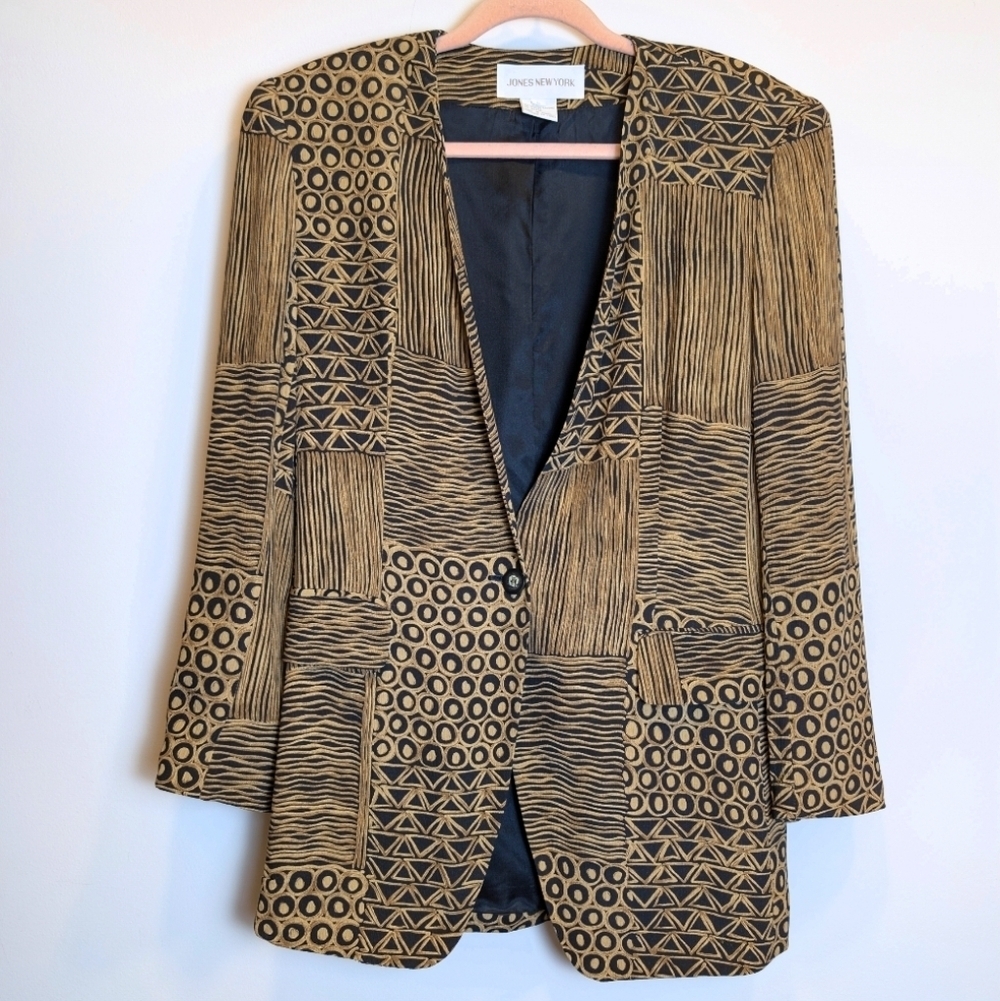 Jones New York Vintage Black Brown Pattern Printed Structured Blazer 90s Size 6